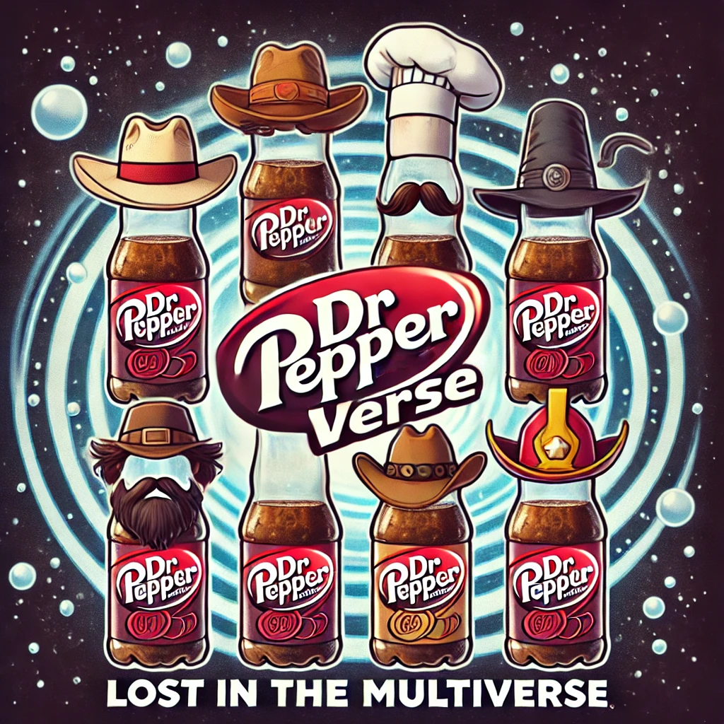 Dr Pepper-Verse Lost in the Multiverse banner featuring classic Dr Pepper bottles with different hats, swirling into portals in a starry sky. Fun, playful design for an NFT collection that combines nostalgia, humor, and creativity in a soda multivers